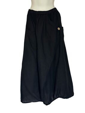 Lin Blanc Made in Italy Black Elastic-Waist with Side Pocket Linen Skirt